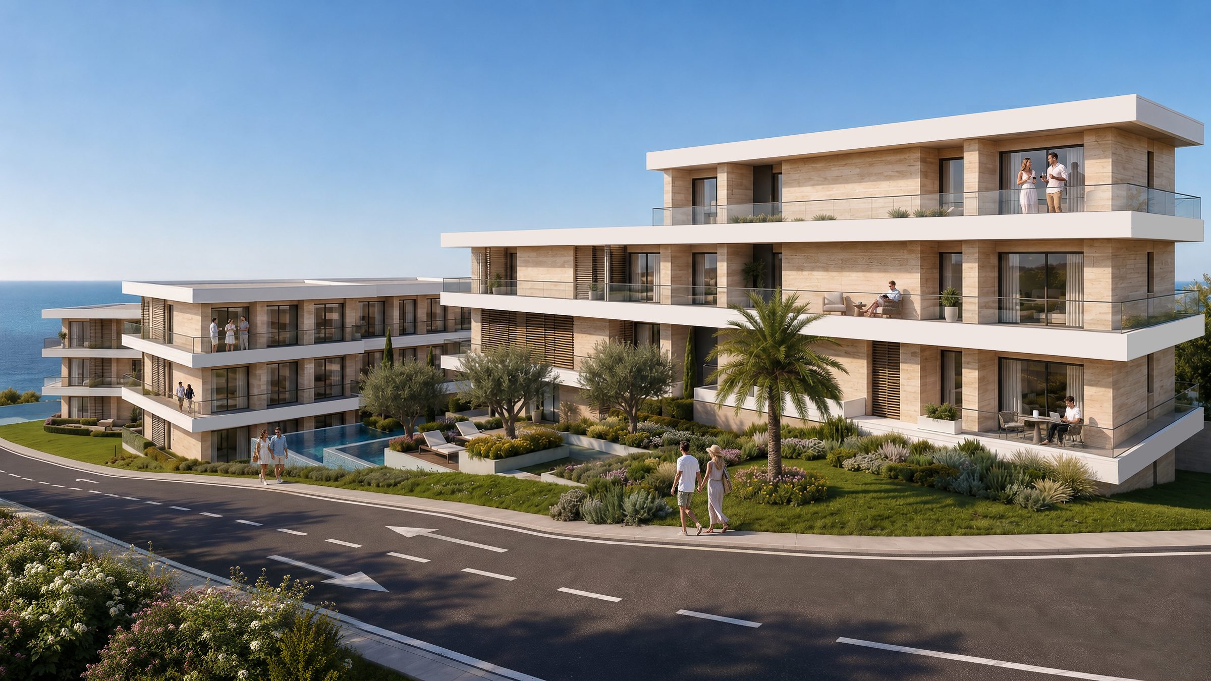The apartment residences overlooking the fountain plaza