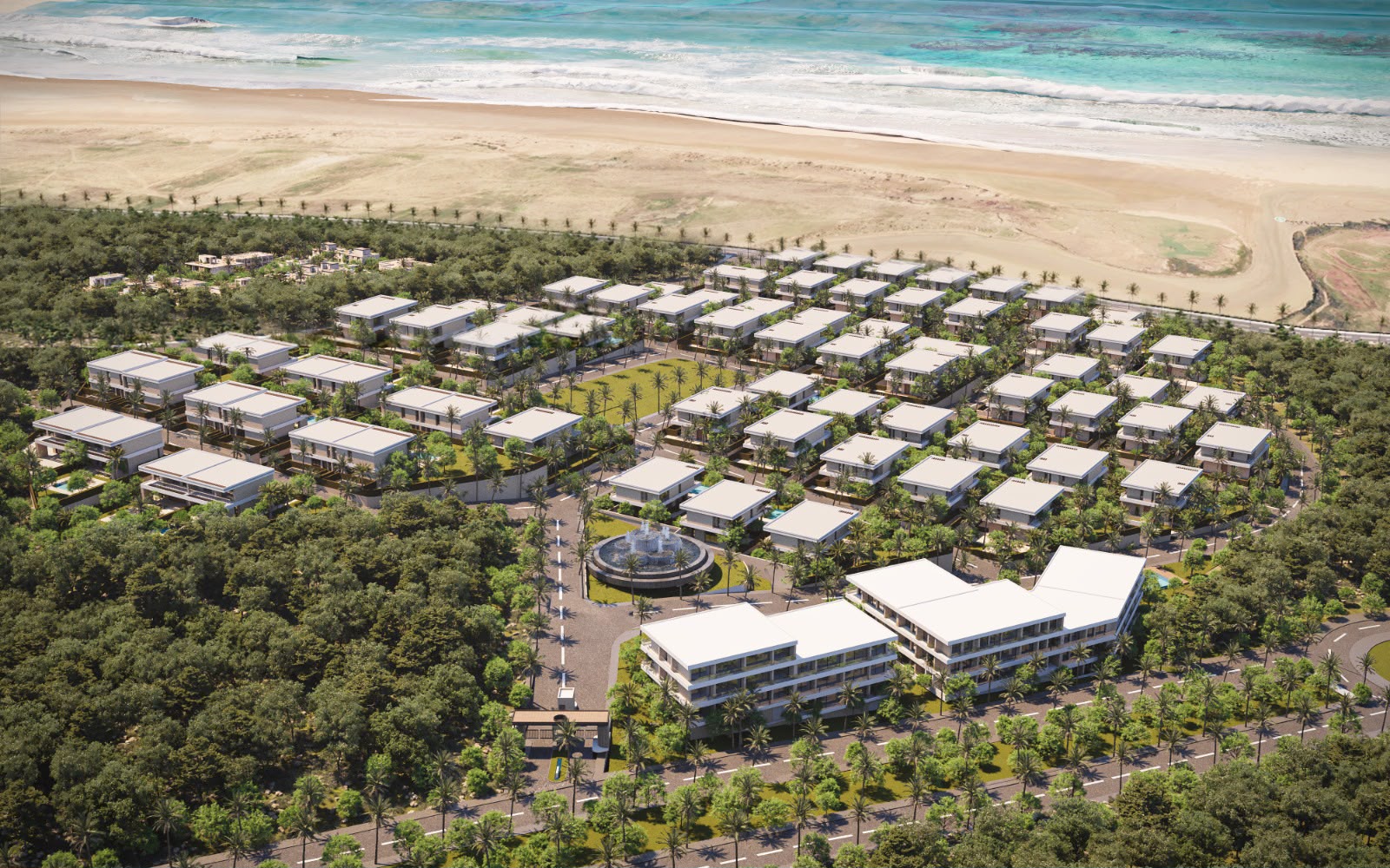 Aerial view of Rimal Residences between the forest and the beach